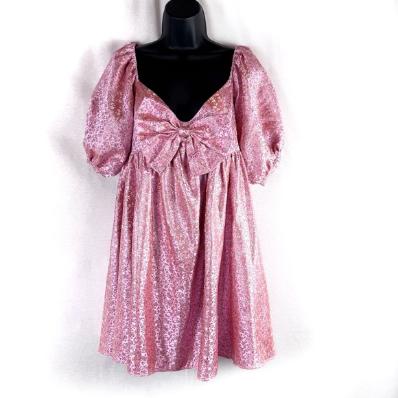 SAU LEE Arabella Mini Dress in Candy Pink Jacquard Floral Bow Puff Sleeve US 8 - Picture 4 of 9